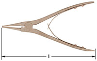 A pair of bronze long-nose circlip pliers with a v-shaped spring-loaded handle, lying horizontally flat on a white background. The tool's tip and handle are pointed outward in opposite directions, and a double-headed arrow below indicates overall length f